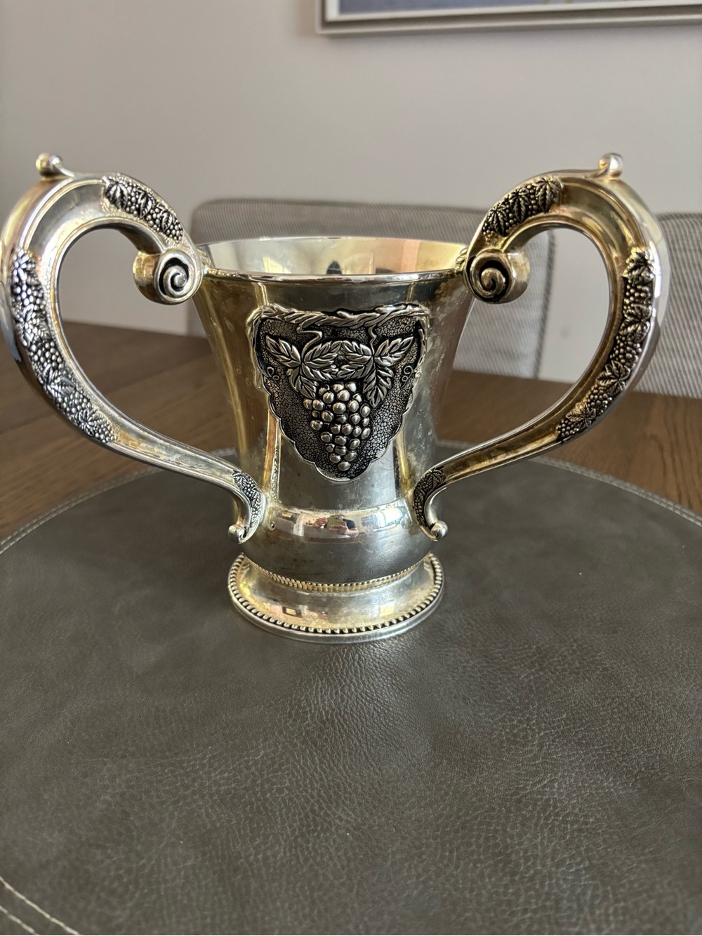 Ornate Silver-Tone Two-Handled Trophy Vase with Grape Motif